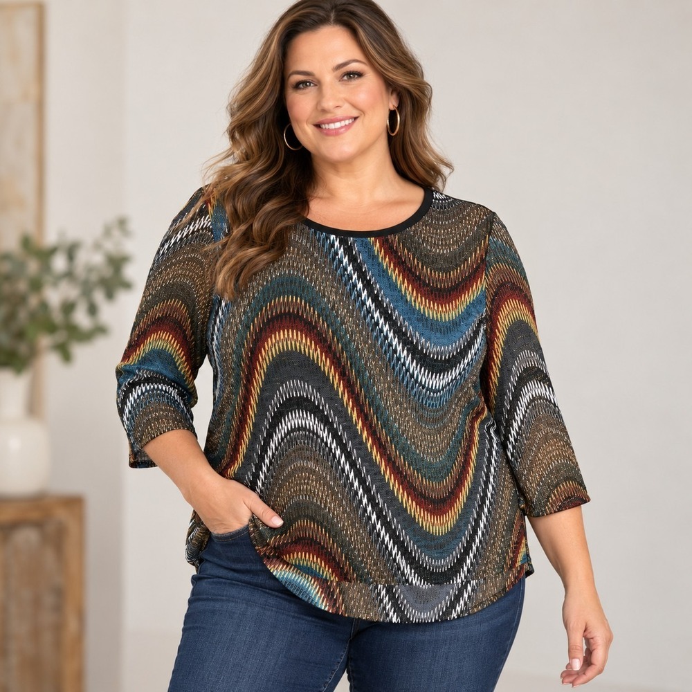 Toni Morgan Chevron Wave Print Top Women's 1X Plus Artsy Boho Chic 70's Vibes